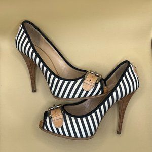 Giuseppe Zanotti Striped Buckle Peep Toe Canvas Heels